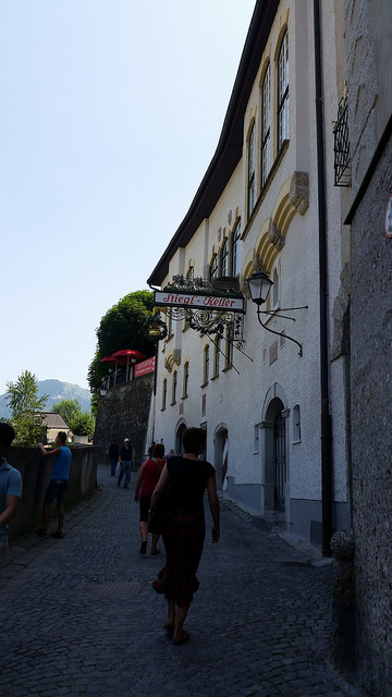 the famous Stiegl Keller restaurant and brewery built on the side of the mountain